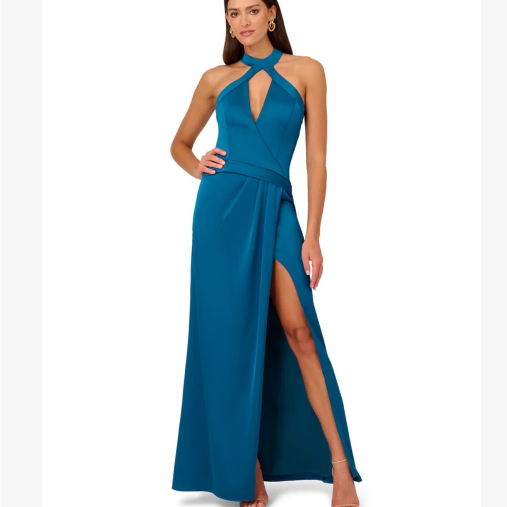 Blue Sleeveless Halter Gown with Slit